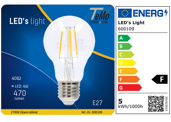 1 STÜCK (VPE) SHADA LED Classic E27, 470lm, 4.5 Watt, Warmweiss 2700K, A60 klar, EEC: F (0600109)